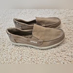 Crocs Walu Canvas Loafers Khaki Ladies Size 6 Coastal Nautical Fisherman Preppy